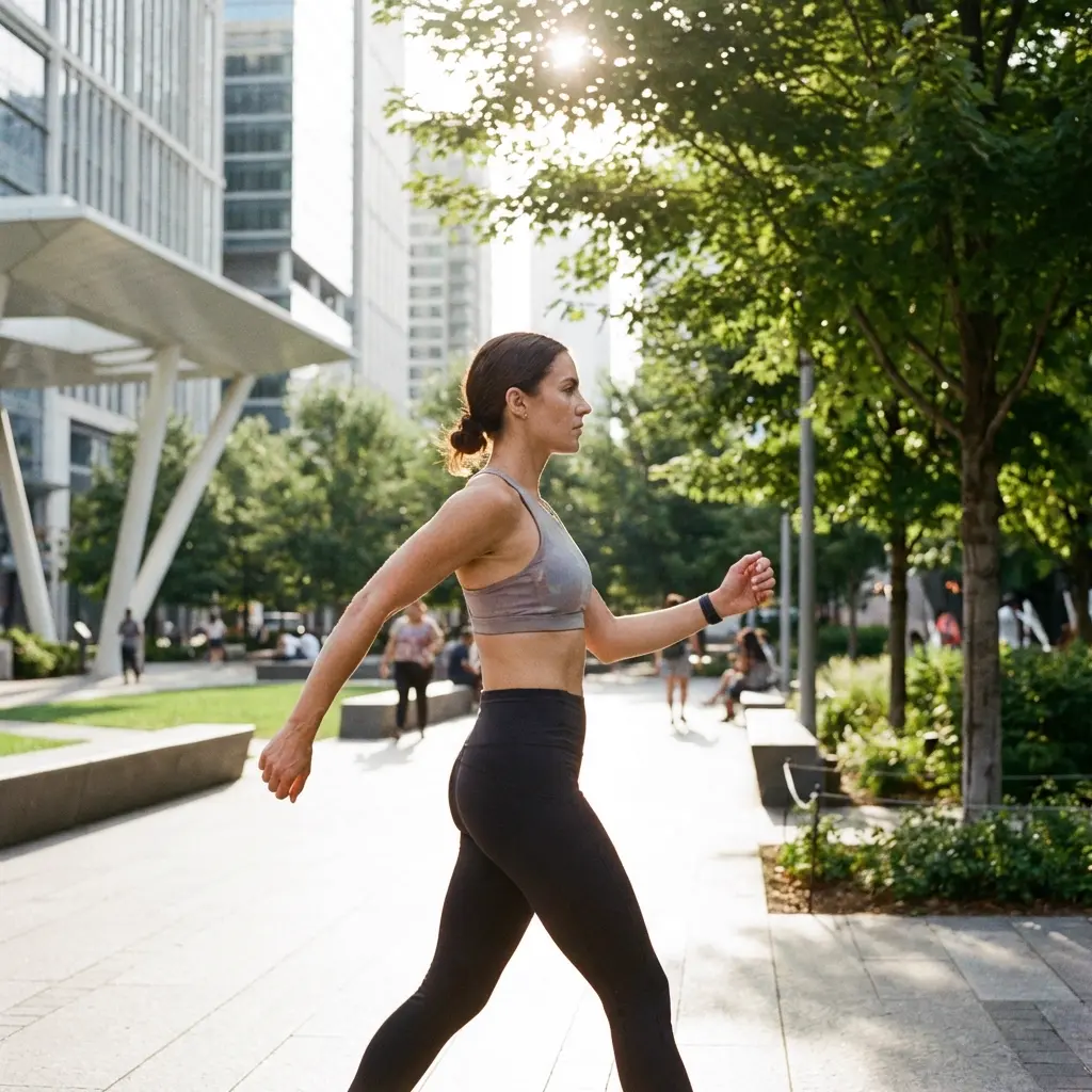 公園を颯爽と早歩きする女性