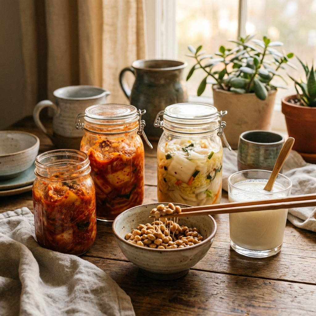 Fermented foods like kimchi, natto, yogurt