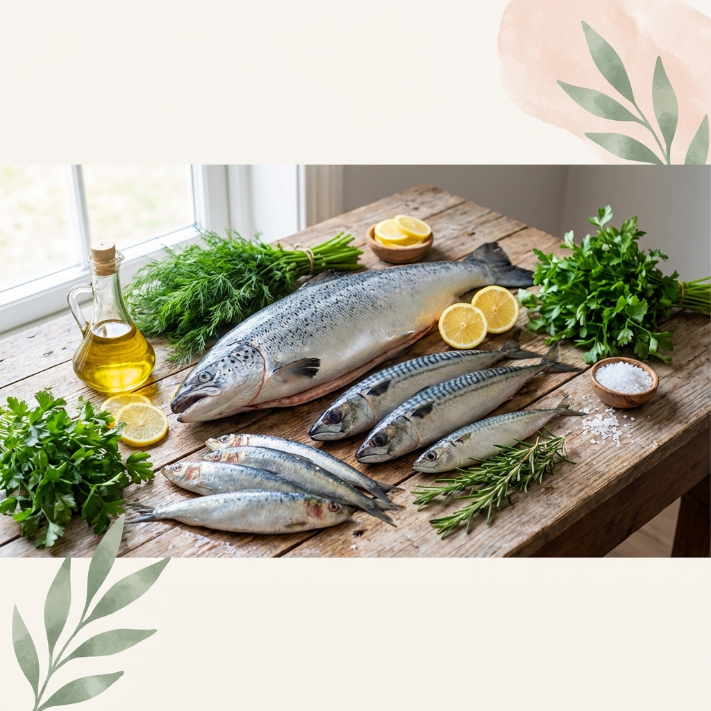 新鮮な魚とハーブ、オリーブオイルのイメージ画像