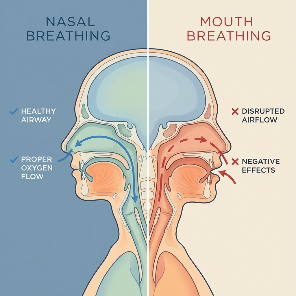 鼻呼吸と口呼吸の違いを示す医学的イラスト
