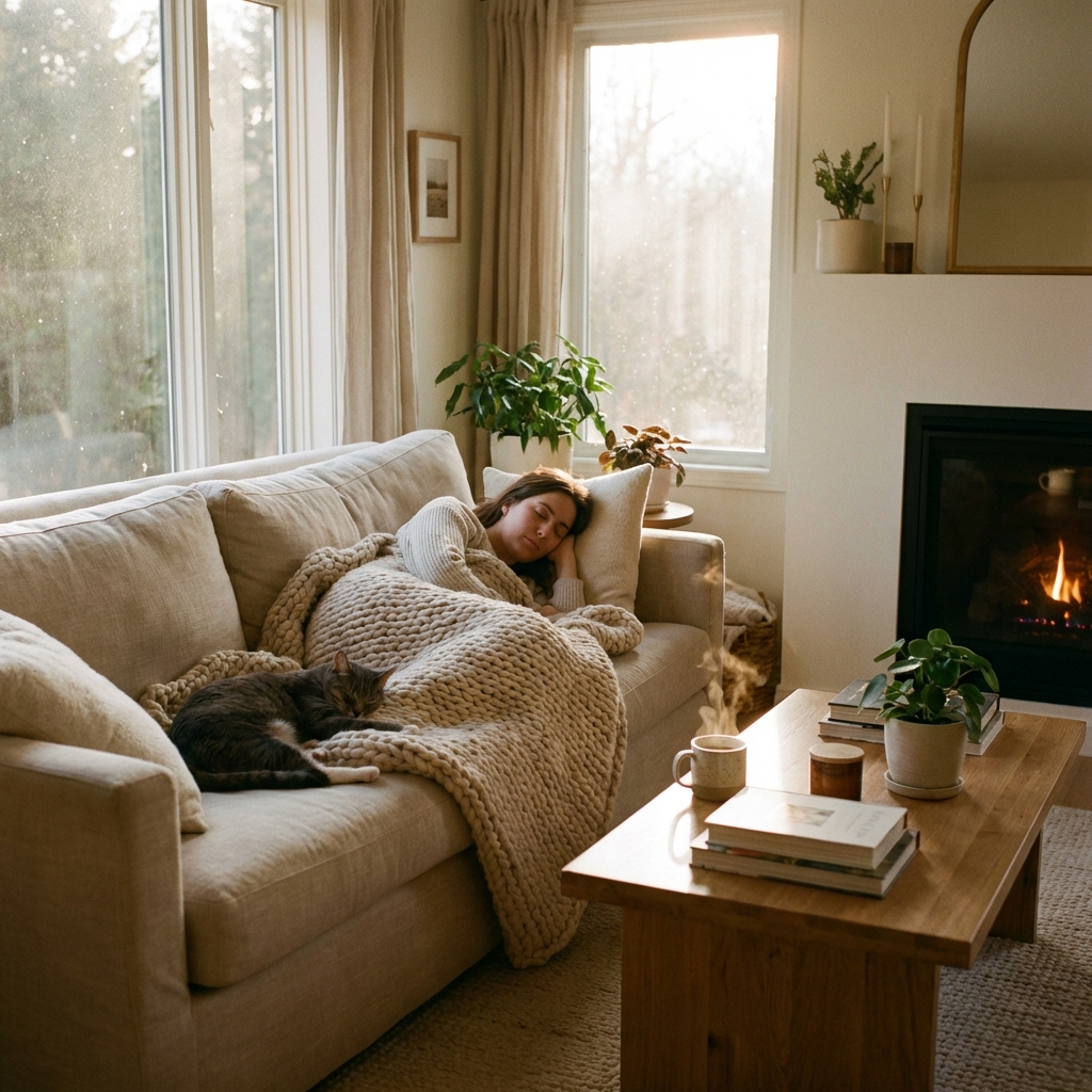 Person taking a nap on a comfortable sofa