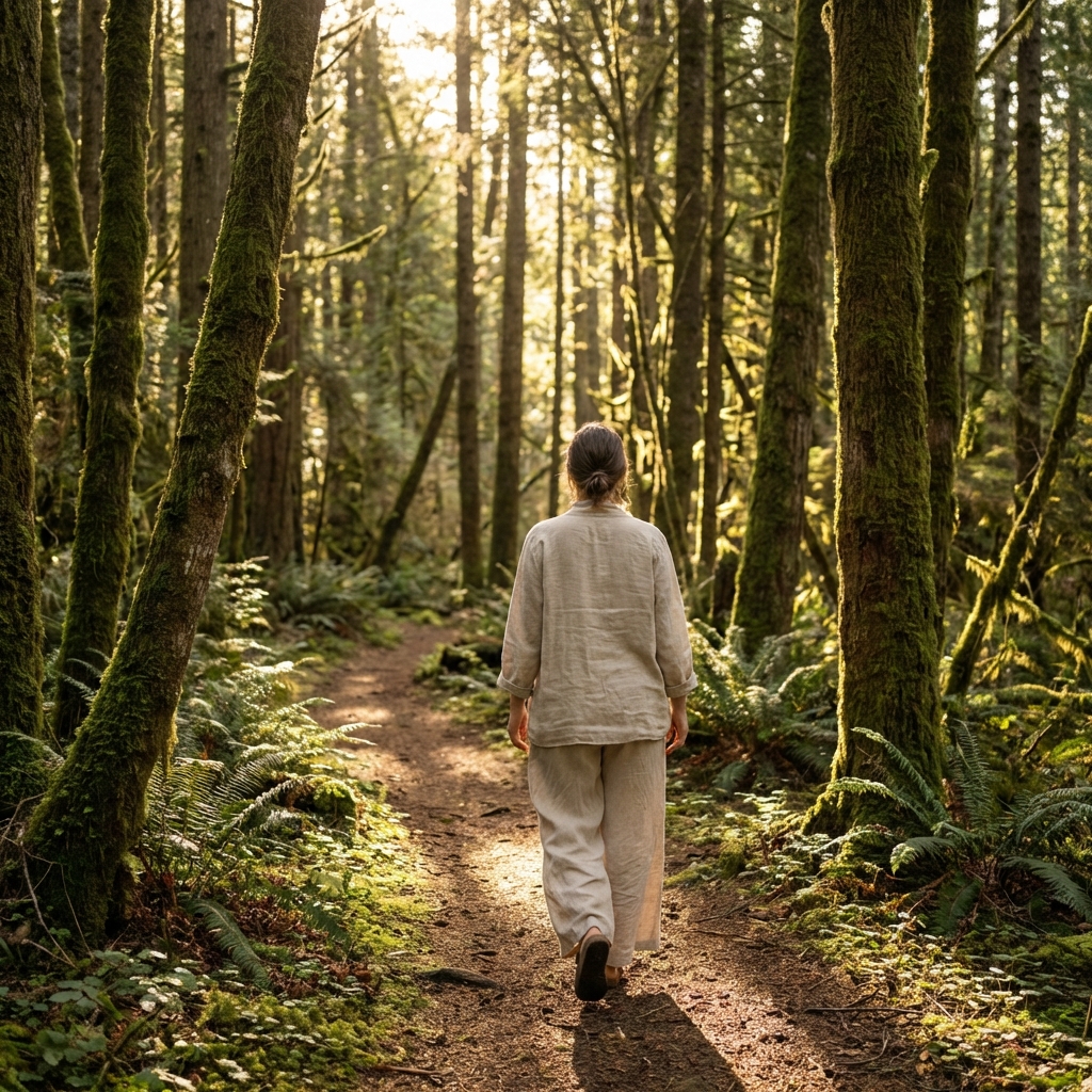 森の中を歩く女性